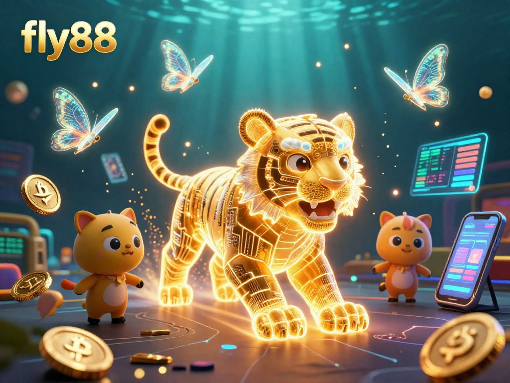 Experience fly88's thrilling digital casino world with golden tiger and holographic elements.