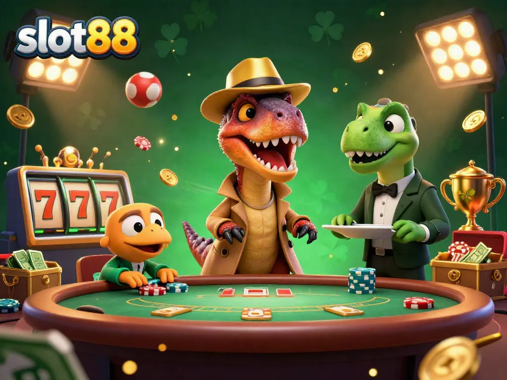Experience thrilling moments at slot88 with cartoon dinosaurs in a vibrant casino setting, featuring games and gold.