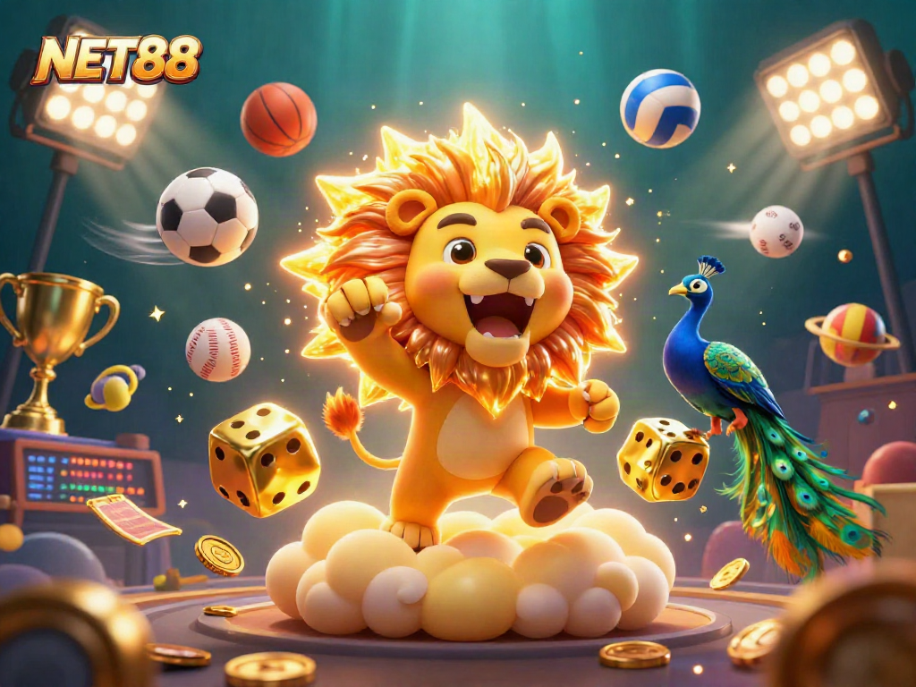 NET88 showcases an exciting 3D casino scene with a roaring lion, dynamic sports elements, and vibrant golden details.