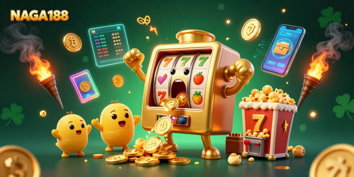 NAGA188 menghadirkan mesin slot emas lucu yang merayakan jackpot dengan koin berjatuhan, menyenangkan para pemain.