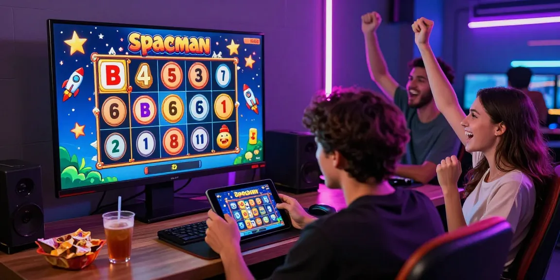 Pengalaman bermain slot spaceman yang penuh warna dengan semangat kemenangan dan teman-teman yang bersorak.