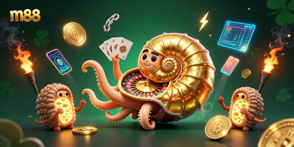 Experience the thrill of m88 with this dynamic casino-themed digital illustration featuring a giant nautilus and gold elements.