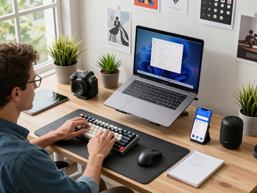 Explore tech gadgets for productivity in a sleek modern office workspace, showcasing innovative tools for effective work.