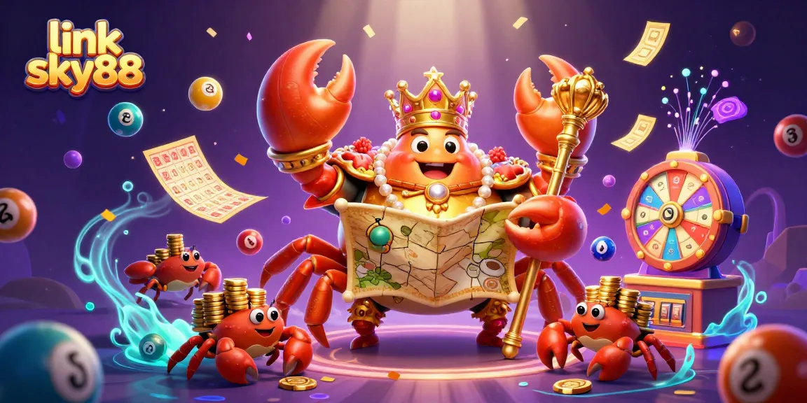 Spin the excitement at link sky88, with a vibrant casino scene featuring a golden crab emperor and game elements.
