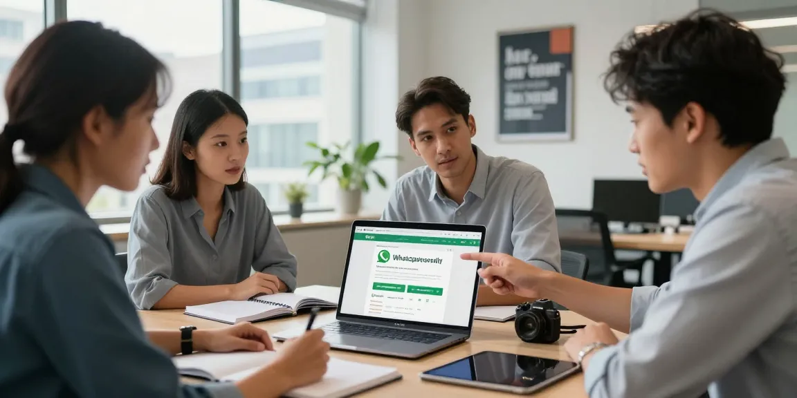Team collaborating on WhatsApp网页版 in a bright office setting.