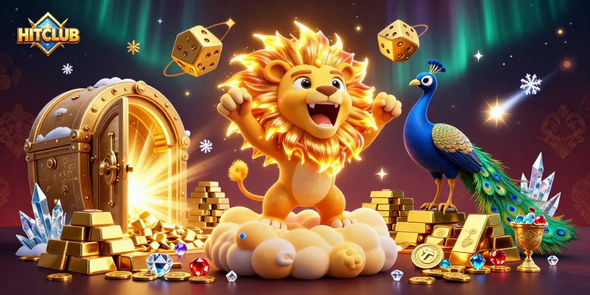 Experience rich gameplay at HITCLUB with a vibrant 3D casino illustration showcasing treasures and excitement.