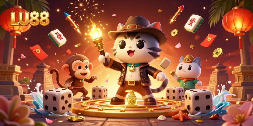 Explore the vibrant adventure of LU88 with an archaeologist cat discovering a casino artifact!