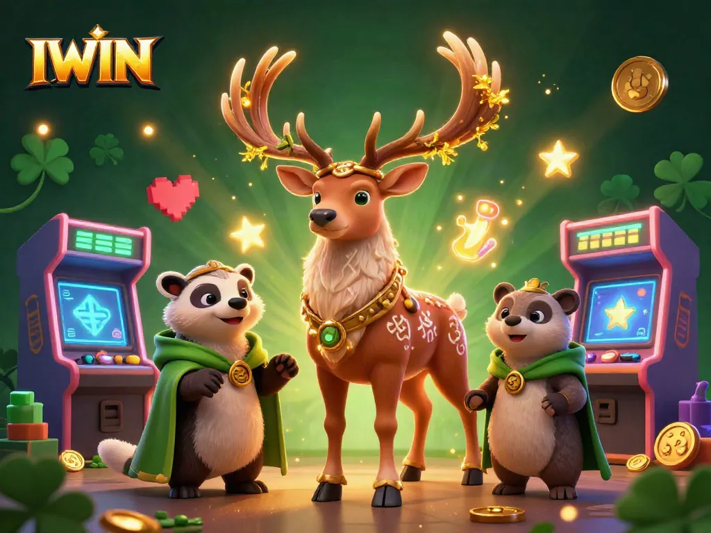 IWIN games showcase featuring a vibrant 3D Celtic stag, arcade elements, and magical details.