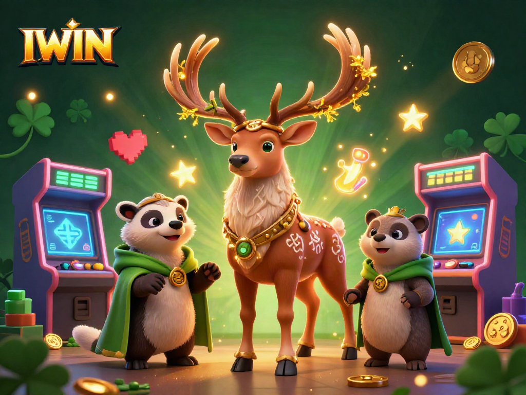 IWIN games showcase featuring a vibrant 3D Celtic stag, arcade elements, and magical details.