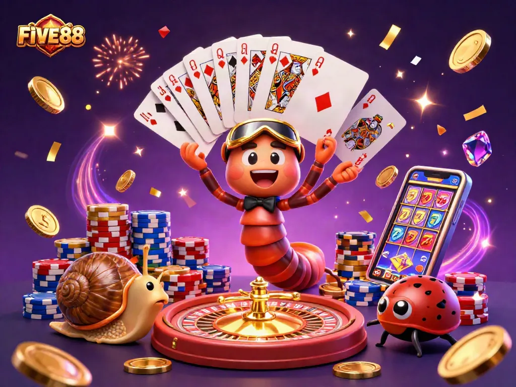 Experience excitement at FIVE88 casino with lively 3D illustrations showcasing vibrant gameplay.