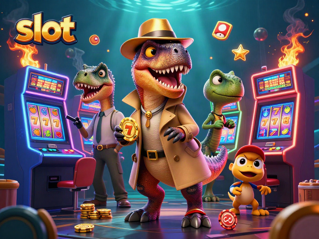 Engaging slot experience with a velociraptor playing casino games, surrounded by vibrant gaming elements.
