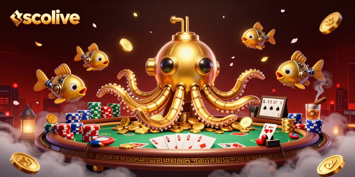 Socolive showcases a vibrant 3D illustration featuring a golden kraken submarine amidst a sea of coins, embodying the thrill of online gambling.