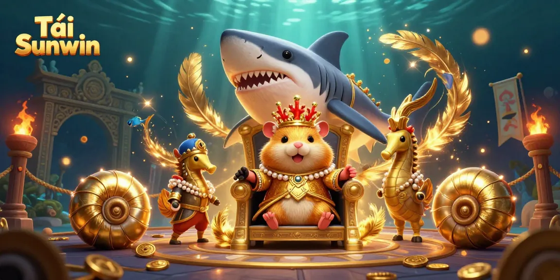 Tải Sunwin features a thrilling underwater 3D casino scene with animated fish game elements and royal characters.