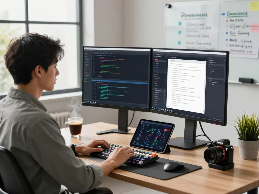 Productive workspace showcasing crushonai software development with dual monitors and coding.