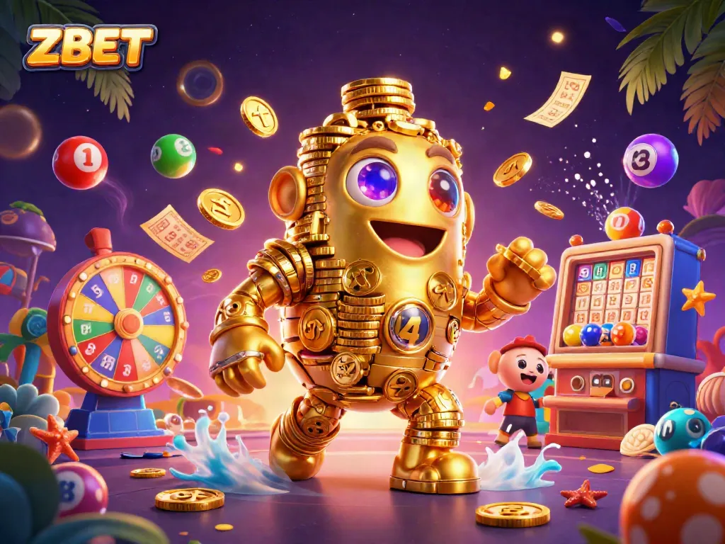 ZBET showcases a golden golem amidst vibrant lottery elements, symbolizing winning opportunities in gambling.