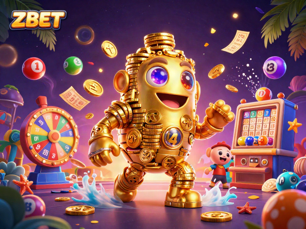 ZBET showcases a golden golem amidst vibrant lottery elements, symbolizing winning opportunities in gambling.