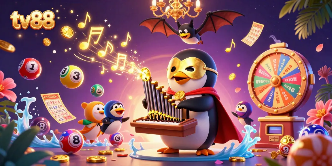Experience tv88's thrilling casino vibe with a vibrant illustration of golden prizes and joyful gaming.