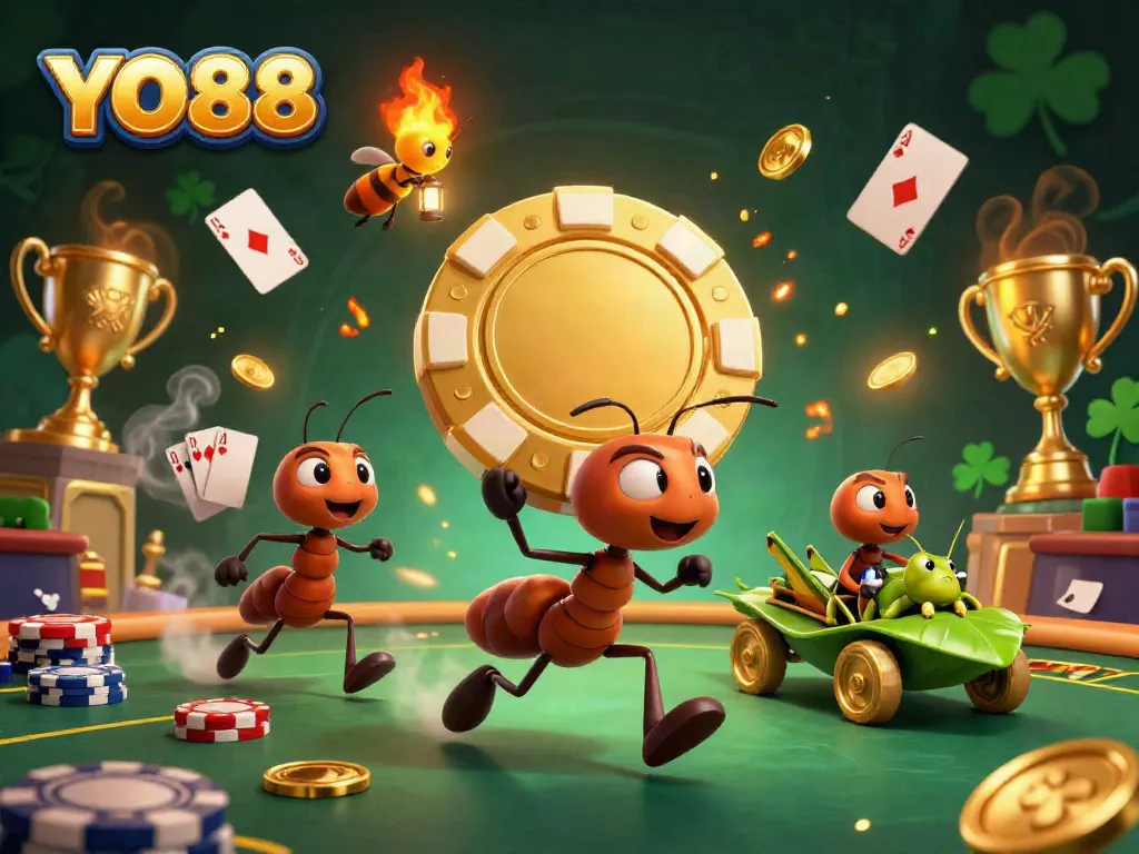 YO88's cartoon heist adventure with ants, poker chips, and rich casino elements for thrilling gaming action.