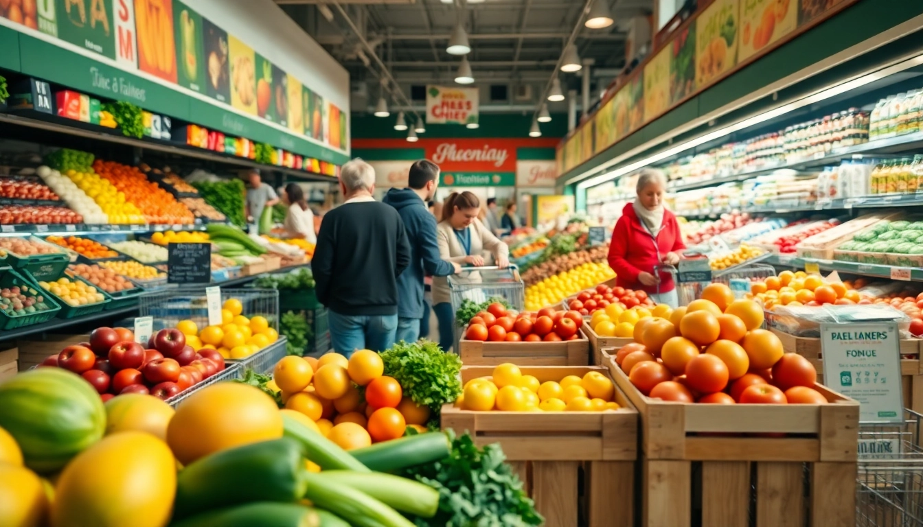 Engaging grocery sales scene highlighting fresh products and vibrant market atmosphere.