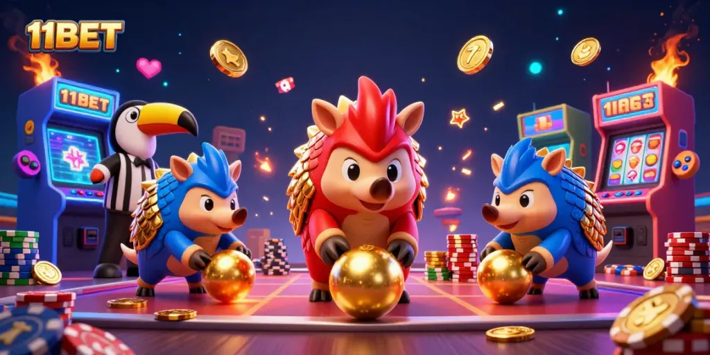 Engage with 11BET as rival pangolins roll into poker chips in a vibrant casino setting.