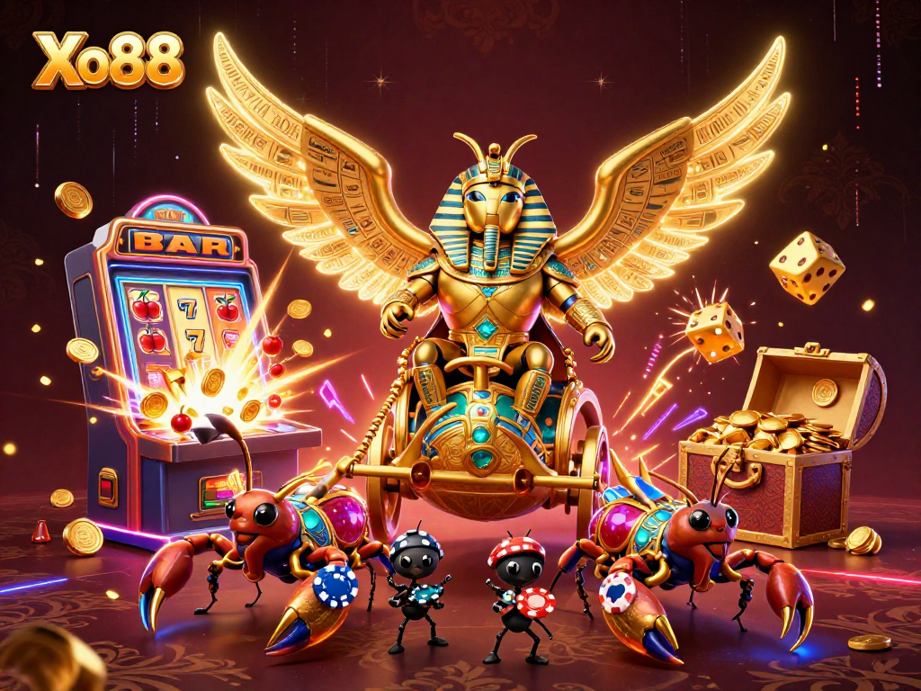 Xo88 offers thrilling gaming adventure with a vibrant scene of a colossal golden scarab beetle in pharaoh armor.
