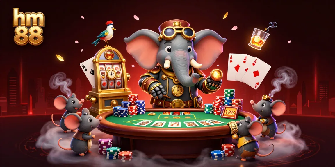 Spin the reels at hm 88's casino with a steampunk elephant engineer and classic gaming elements.