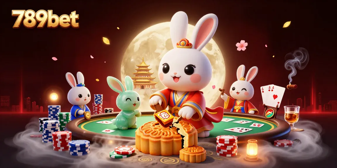 Experience the thrill of 789bet's interactive poker scene featuring a moon rabbit, poker chips, and dynamic game elements.
