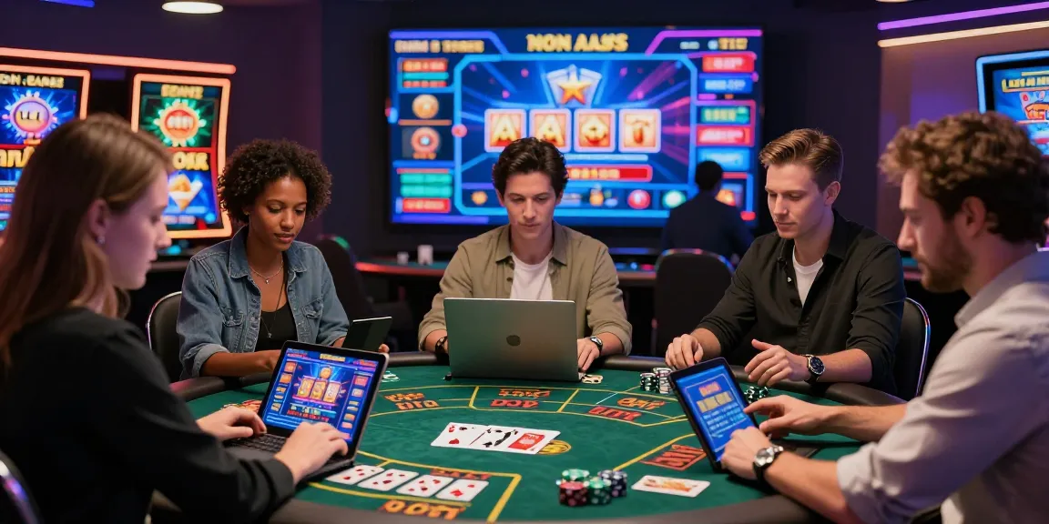 Giocatori che si divertono in una vivace esperienza di casino non AAMS digitale su vari dispositivi in un contesto moderno.