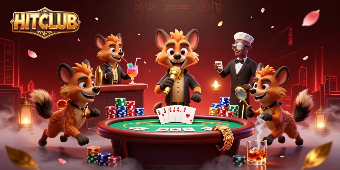 Join the HITCLUB comedy casino experience with hyenas enjoying poker and drinks in a vibrant setting.