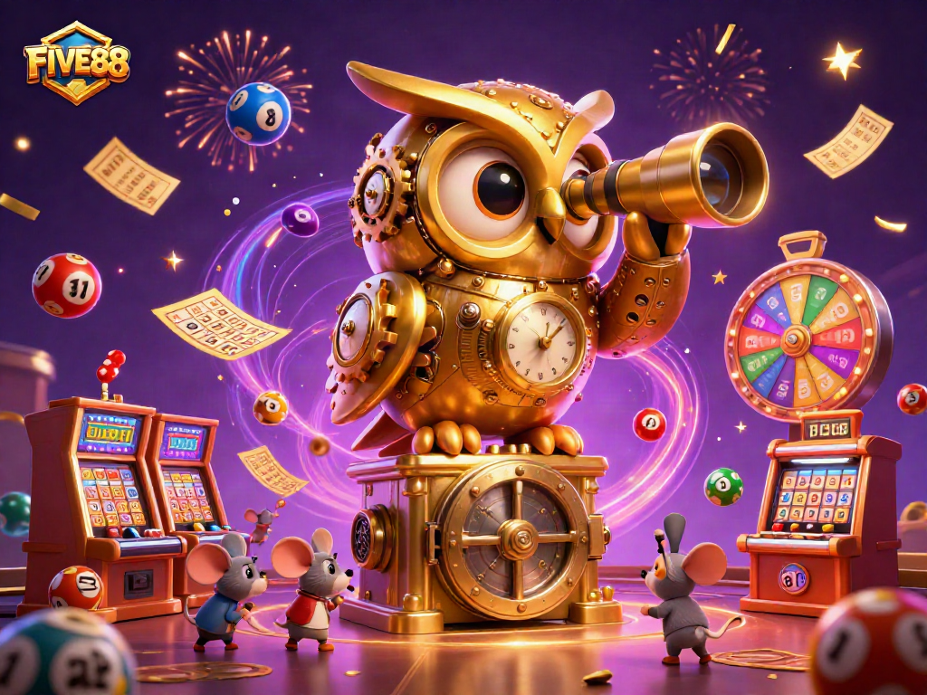 Engage with FIVE88's vibrant casino scene featuring animated characters and dynamic gaming elements.