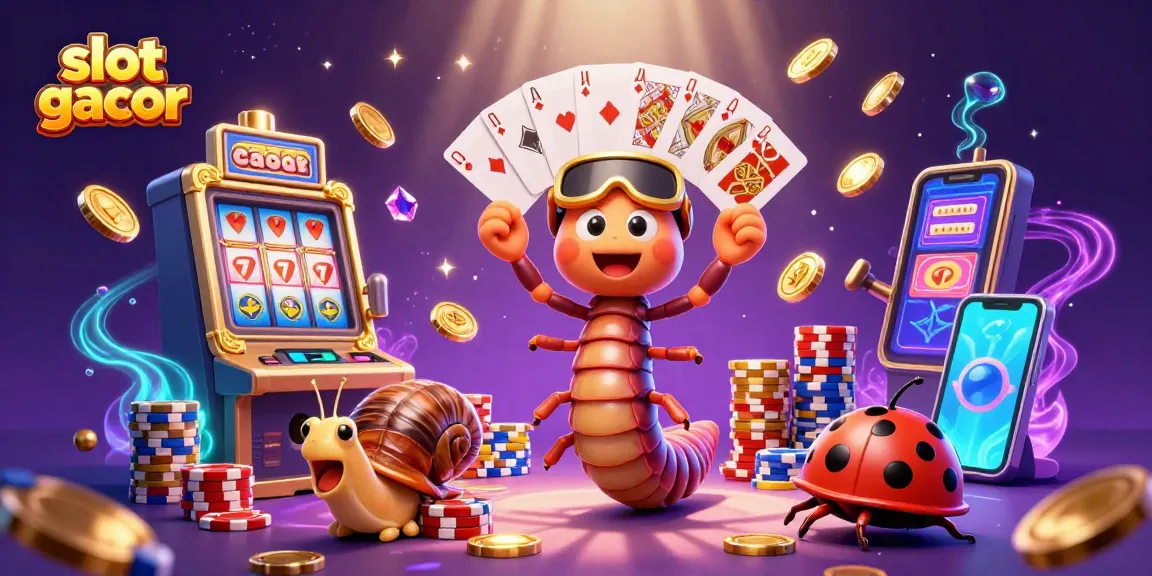 Engage with slot gacor opportunities featuring a whimsical illustration of a millipede dealer and vibrant casino elements.