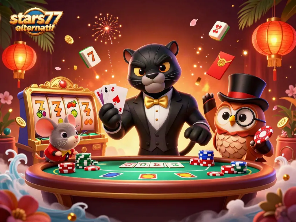 Permainan kartu oleh bintang77 alternatif, panther hitam, burung hantu, dan tikus beruntung beraksi di kasino.