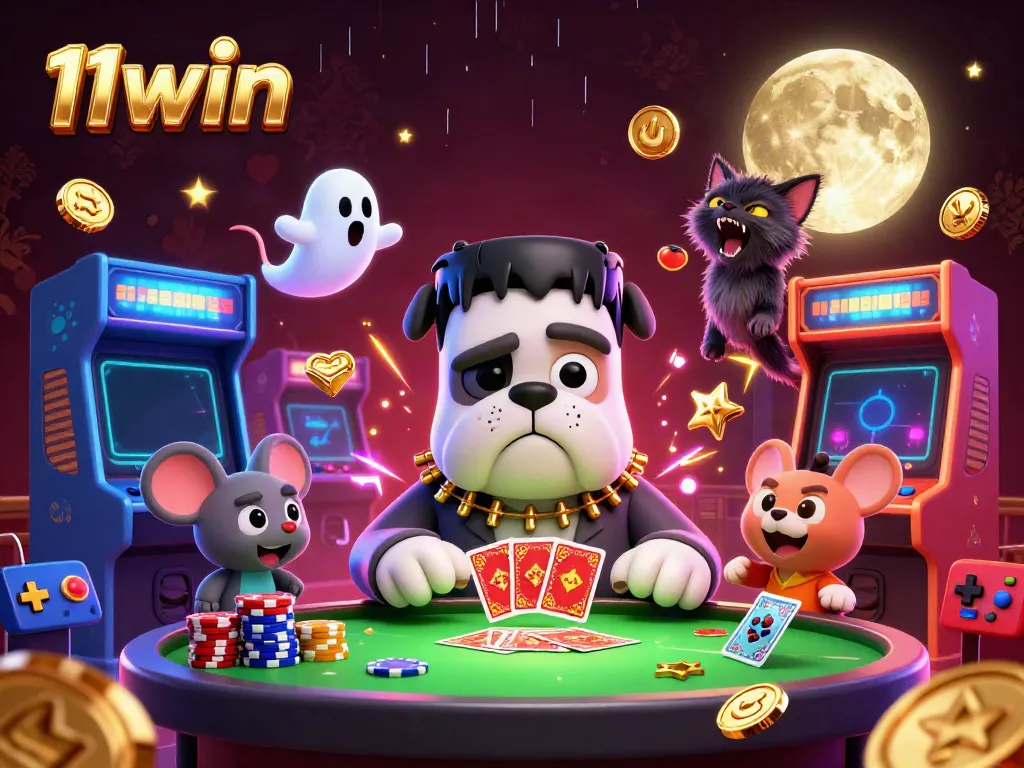 Engage in thrilling casino gameplay at 11win with a spooky green-lit card table and playful characters.