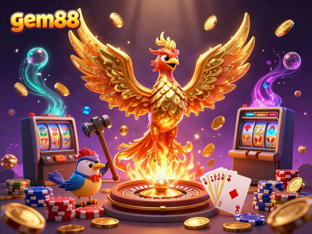 Experience the thrill of gem88 with a striking golden phoenix and dynamic casino elements.