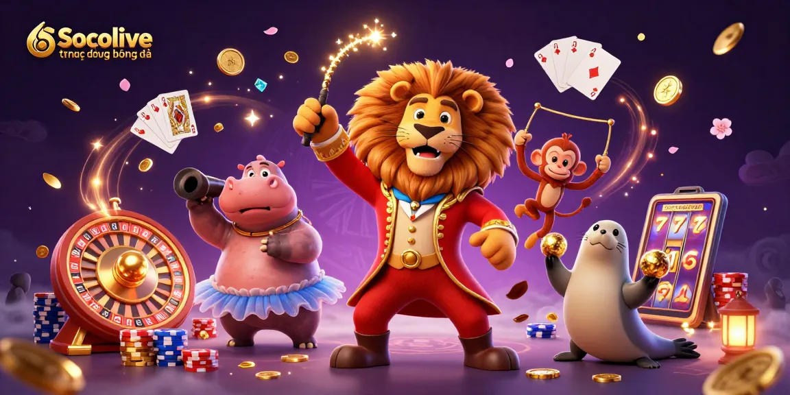 Socolive trực tiếp bóng đá features dynamic 3D circus characters amidst gambling excitement.