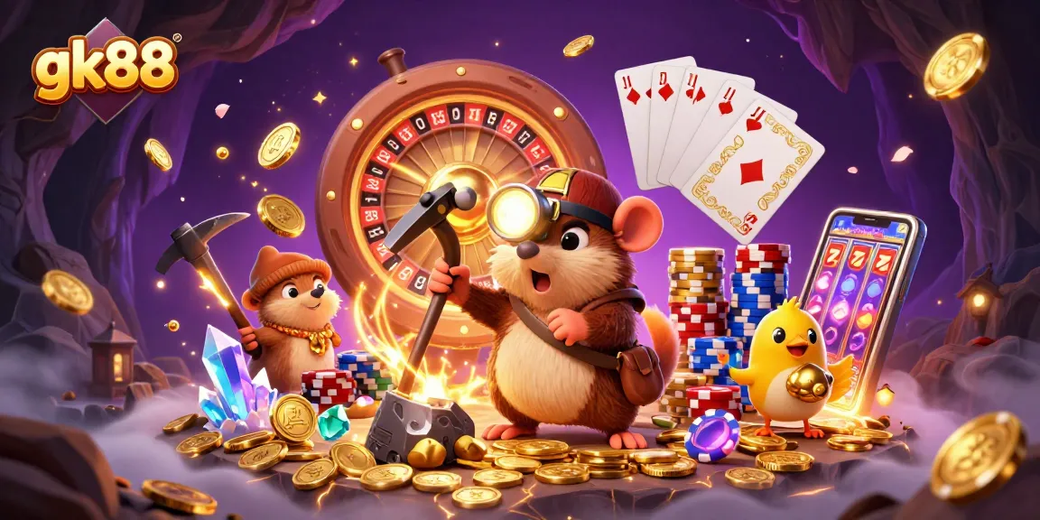 Experience the thrill of gk88 with a whimsical 3D illustration featuring a treasure-hunting mole and casino elements.