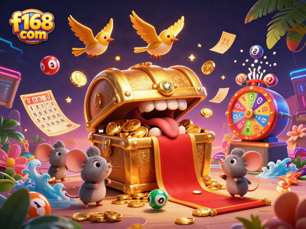 Engage in exciting gambling with f168 com, featuring a dynamic illustration of a treasure chest attractively themed.