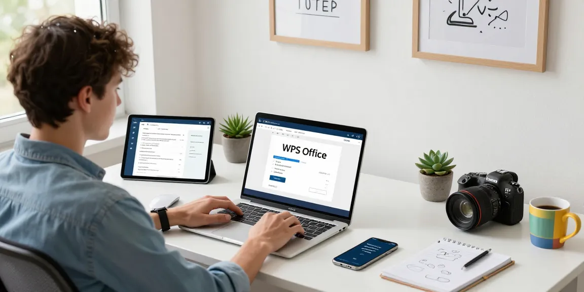 WPS Download in a modern home office with a laptop, tablet, and vibrant workspace.
