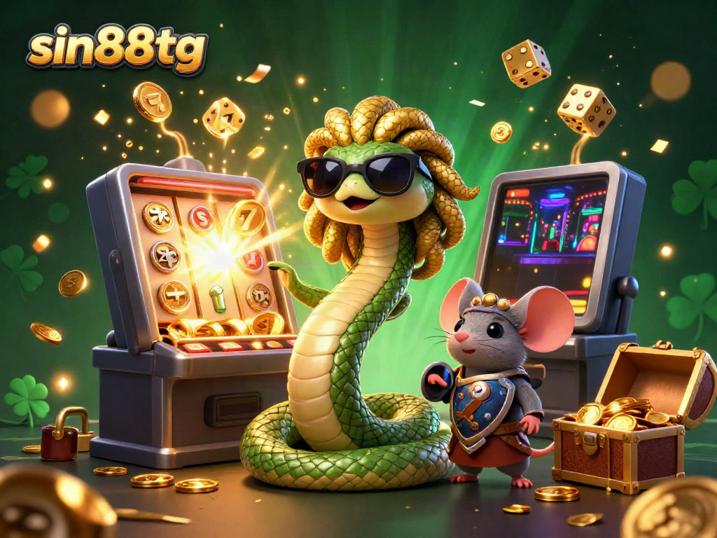 Discover exciting casino games at sin88tg with a friendly Medusa and warrior mouse amidst a jackpot scene.