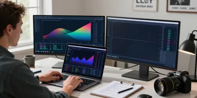 Trader analyzing cryptocurrency market data on quantumaiplatform.ca with dual monitors displaying charts.