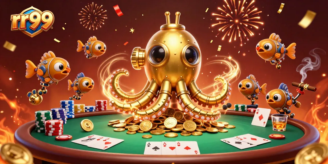 Engage in thrilling rr99 casino action with a golden kraken submarine and poker elements.