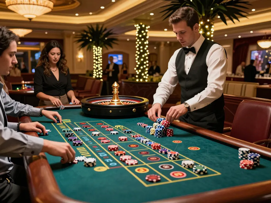 Lu88 gamers placing bets at a colorful roulette table in an upscale casino setting.