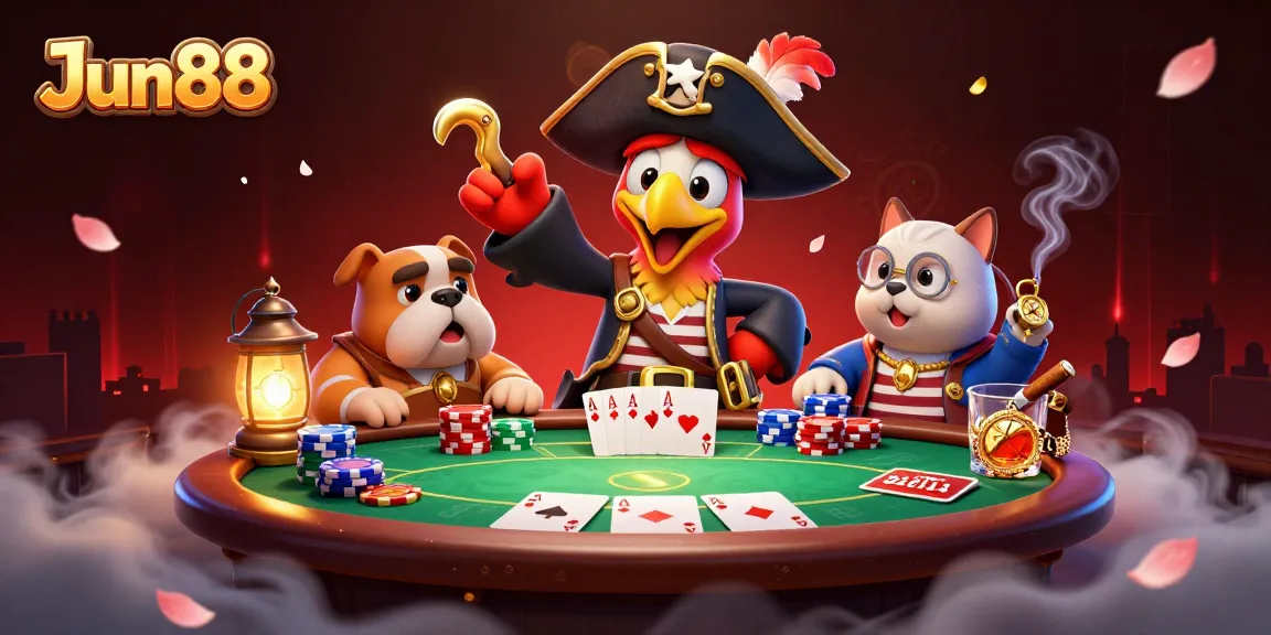 Engage in thrilling gameplay at Jun88's casino, featuring a lively scene of a parrot and bulldog with poker elements.