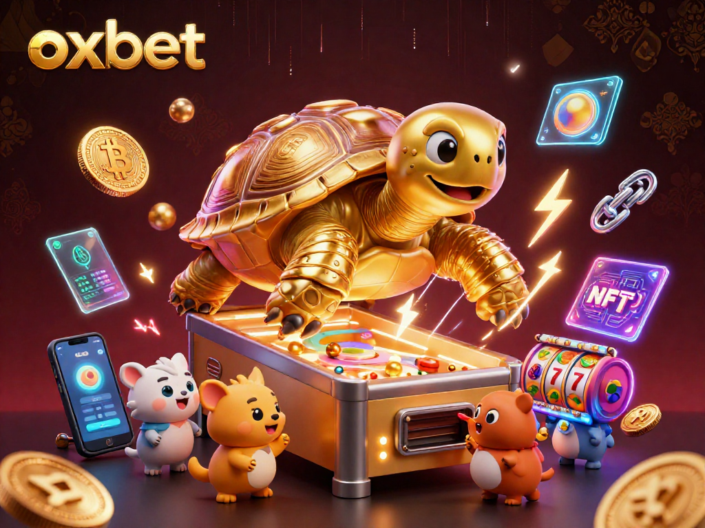 Join the fun at Oxbet with a colossal tortoise pinball machine featuring vibrant 3D crypto coins.