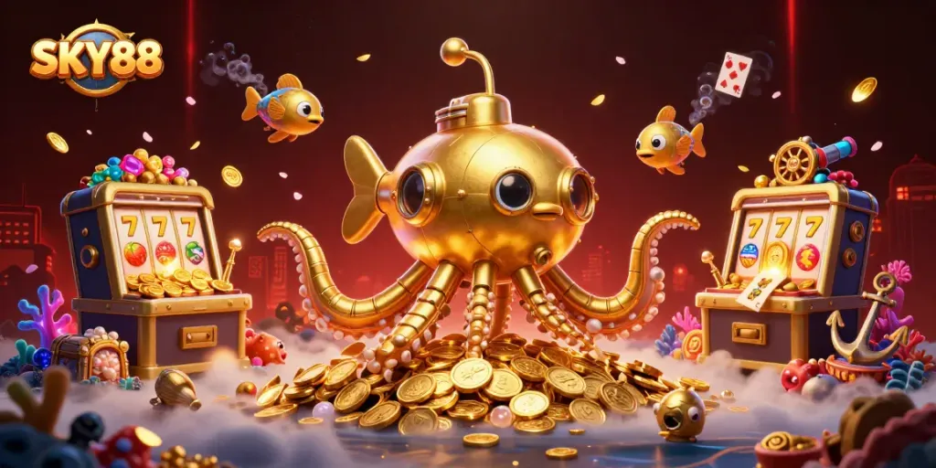Engage in thrilling gameplay at SKY88 with vibrant slot machines amidst an ocean of golden coins.