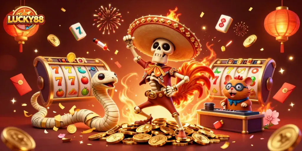 Experience the excitement of LUCKY88 with vibrant celebratory characters and slot elements in a dazzling casino scene.
