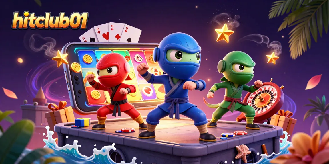 Experience thrilling gaming action with hitclub01's ninja chameleons and vibrant slot elements in a dazzling illustration.