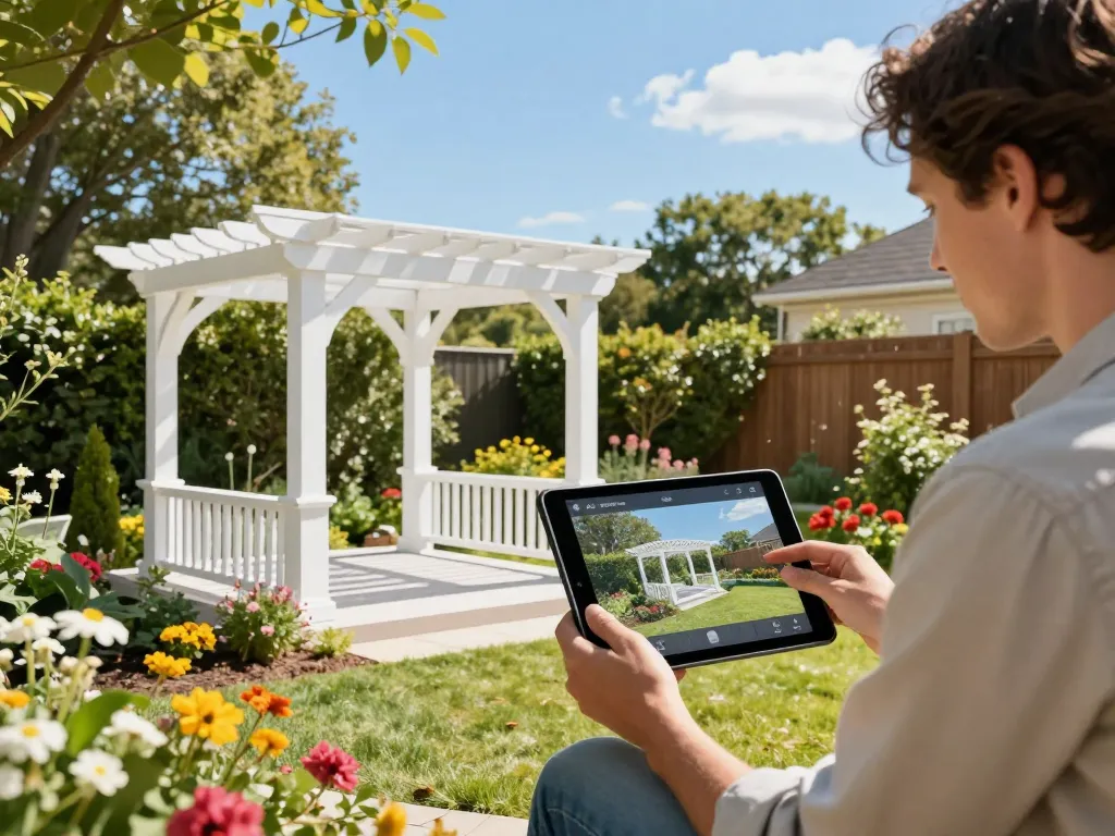 Homeowner using Pergola Sales Software on a tablet to visualize pergola design in their garden setting.