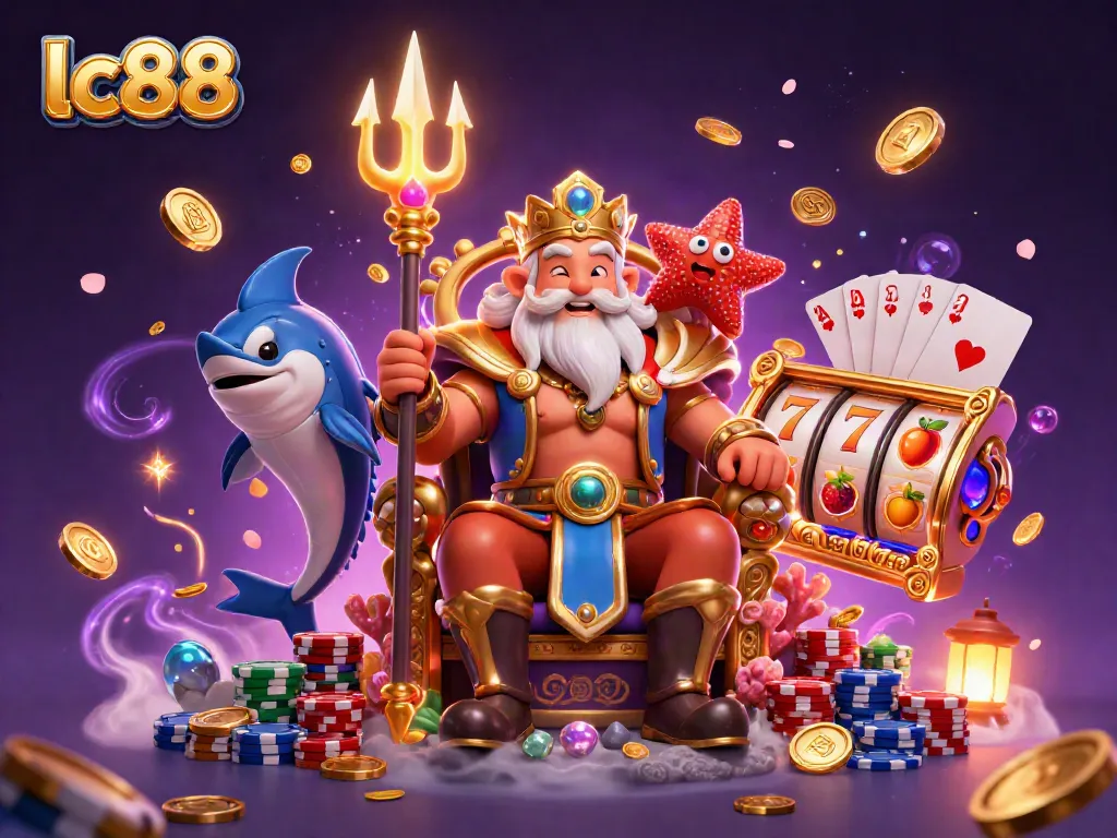 Engage with lc88 casino slots featuring Neptune and jewels amid vibrant gaming elements.