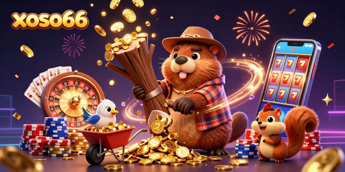 xoso66 celebrates gambling excitement with a vibrant 3D illustration featuring animated characters collecting gold.